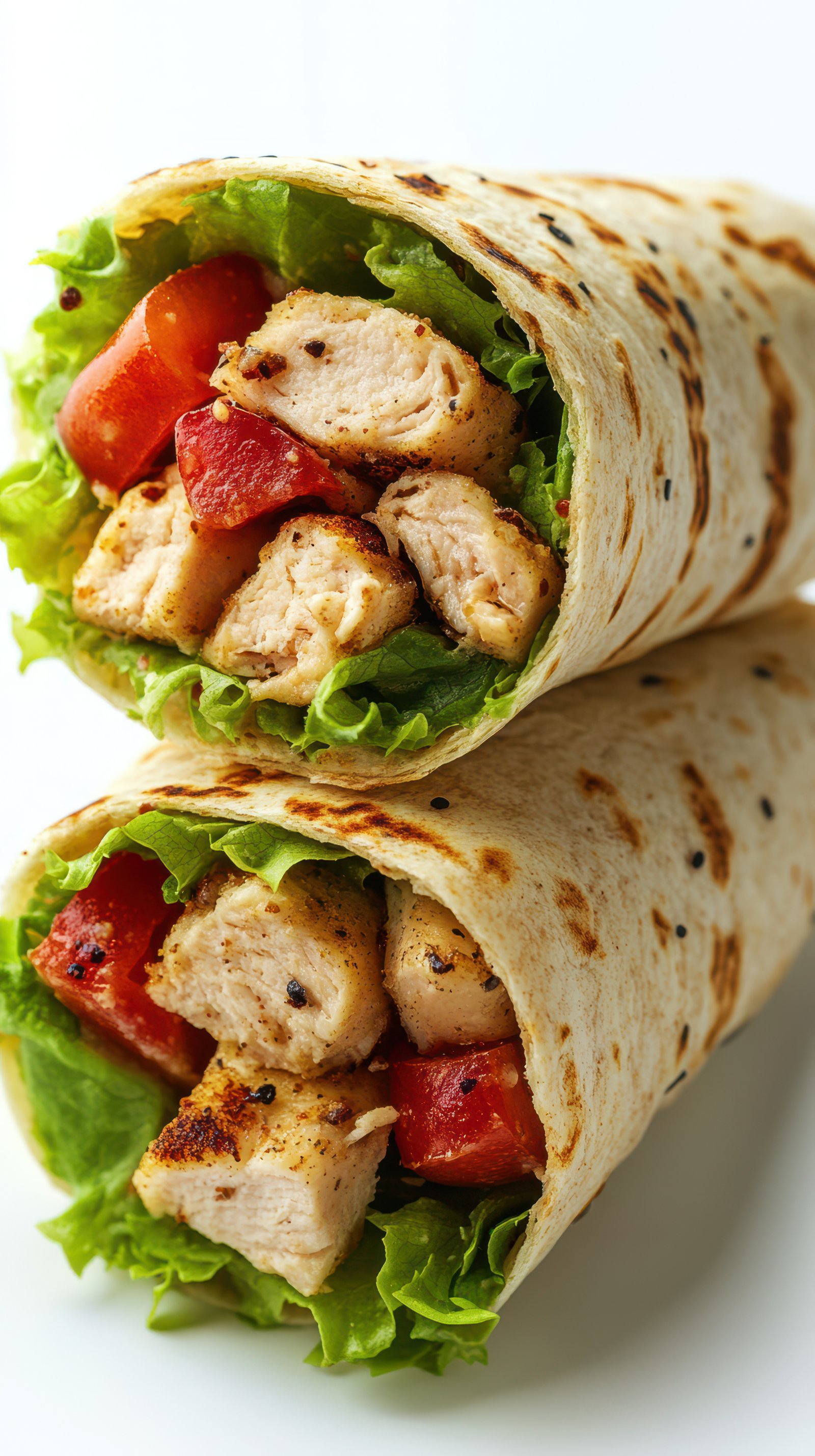 Freshly made chicken wraps with lettuce and tomatoes served in a casual setting
